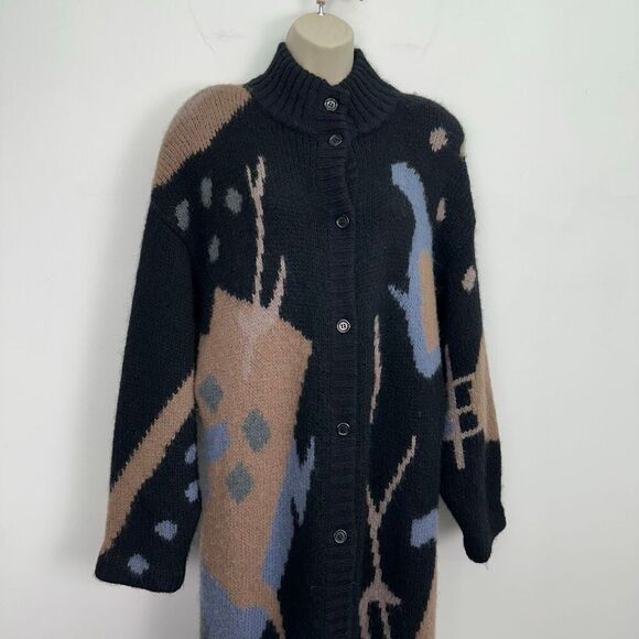 SEGUE Unisex Vintage 80s Wool Blend Abstract Button Down Duster Cardigan Sweater - Picture 5 of 12